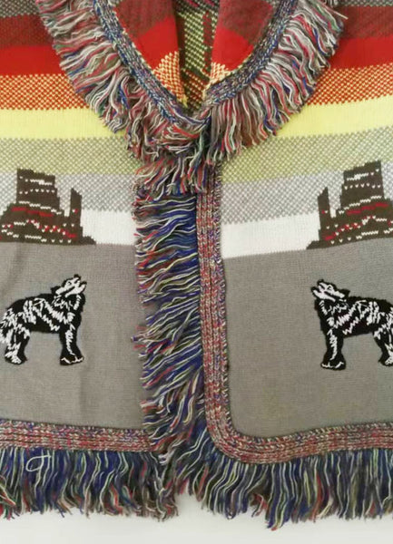 Cashmere Sweater Coat Midnight Desert Scene Fringed Collar Southwestern Cardigan With Plateaus Howling Wolves Painted Desert Tones And Cactus Available In Small Medium Or Large