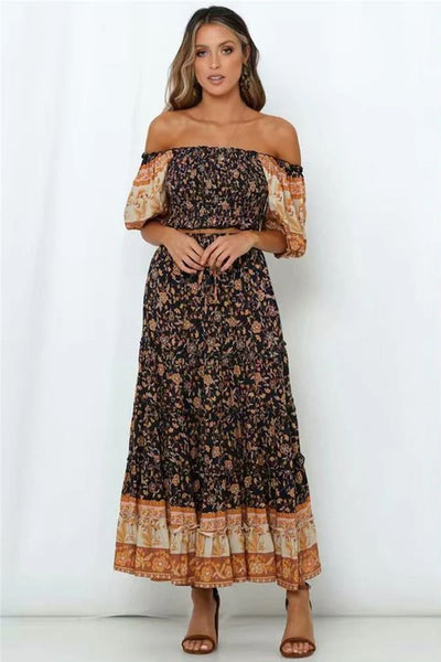 Bohemian Crop Top Maxi Skirt Set Navy With Fall Leaves Colors Smocked Puffed Sleeve Crop And Long Skirt Wear On Or Off Shoulders Drawstring Waist Available In Small Medium Or Large
