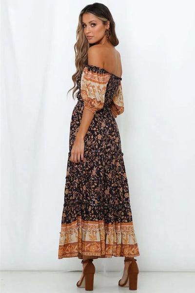 Bohemian Crop Top Maxi Skirt Set Navy With Fall Leaves Colors Smocked Puffed Sleeve Crop And Long Skirt Wear On Or Off Shoulders Drawstring Waist Available In Small Medium Or Large