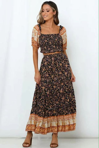 Bohemian Crop Top Maxi Skirt Set Navy With Fall Leaves Colors Smocked Puffed Sleeve Crop And Long Skirt Wear On Or Off Shoulders Drawstring Waist Available In Small Medium Or Large