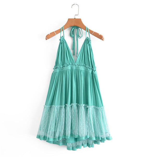 Boho Mini Dress "100 Degree" Availble In 15 Different Colors 4 Floral Prints You Choose Halter Top With Tiered Polka Dot Netting Available In Sizes Small Medium Or Large Free Spirited People