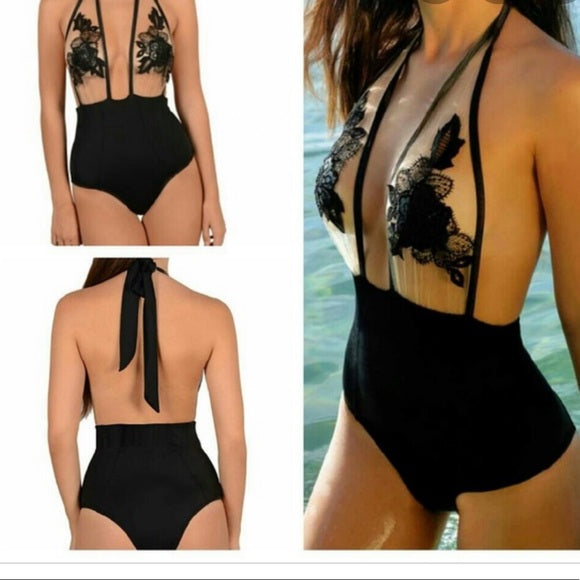 Black Appliques One Piece Swimsuit
