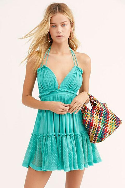 Boho Mini Dress "100 Degree" Availble In 15 Different Colors 4 Floral Prints You Choose Halter Top With Tiered Polka Dot Netting Available In Sizes Small Medium Or Large Free Spirited People