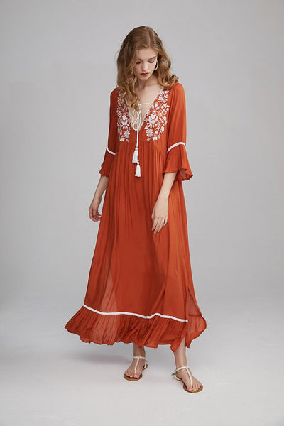 Embroidered Maxi Dress In Spring Green Burnt Orange Or Baby Pink 3/4 Bell Sleeves Tassel Ties Ruffled Hem Long Side Slits Available In Small Medium Large Or XL