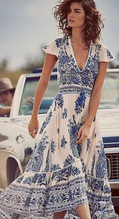blue and white boho dress Boho Maxi Dress Bluebird Print "Hotel Paradiso" Flutter Sleeves Croche – Made4Walkin