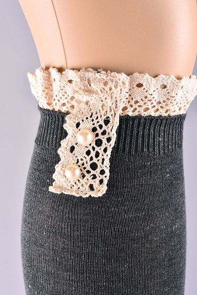 Lace Button Boot Socks Boho Light Gray Charcoal Gray Or Black Thick Cushy Soft Crochet Lace & White Pearl Button Top