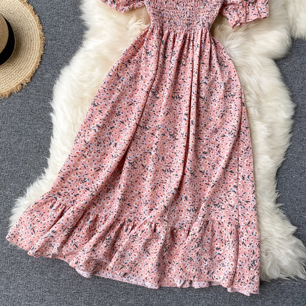 Puff Sleeve Midi Dress Bohemian Floral Print In 8 Different Colors You Choose Tiny Flowers Print Square Smocked Bust Ruffled Hem White Black Pink Blue Yellow Purple Green  Beige Red One Size