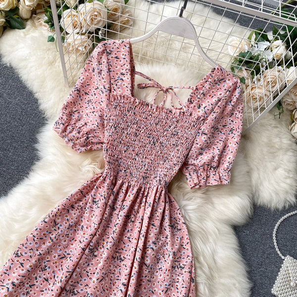 Puff Sleeve Midi Dress Bohemian Floral Print In 8 Different Colors You Choose Tiny Flowers Print Square Smocked Bust Ruffled Hem White Black Pink Blue Yellow Purple Green  Beige Red One Size