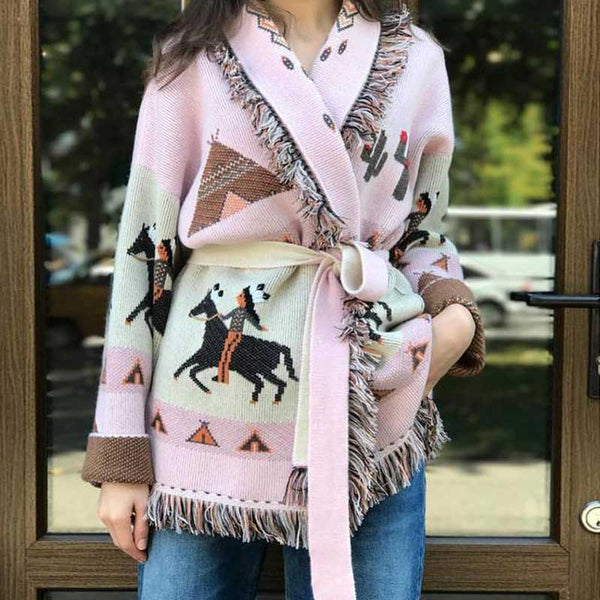 Wild Horses Cashmere Cardigan In 8 Different Colors You Choose Boho Sweater Coat Southwestern Print With Cactus Indians And Teepees Warm Wool Coat Available In Small Medium Or Large