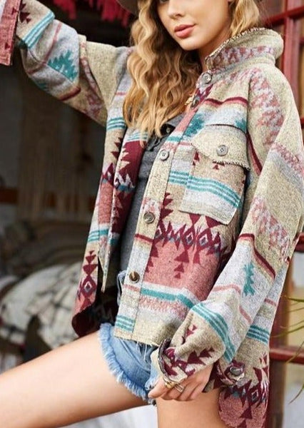 Aztec Shirt Jacket Shacket Blue & Tan Pink & Gray Or Red & Turquoise You Choose Southwestern Button Up Shirt With Pockets Boho Frayed Edges Available In Sizes Small Medium Large Or Extra Large XL