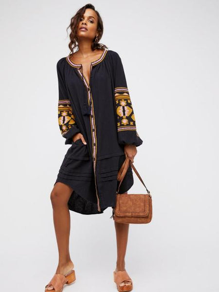 Embroidered Button Up Dress