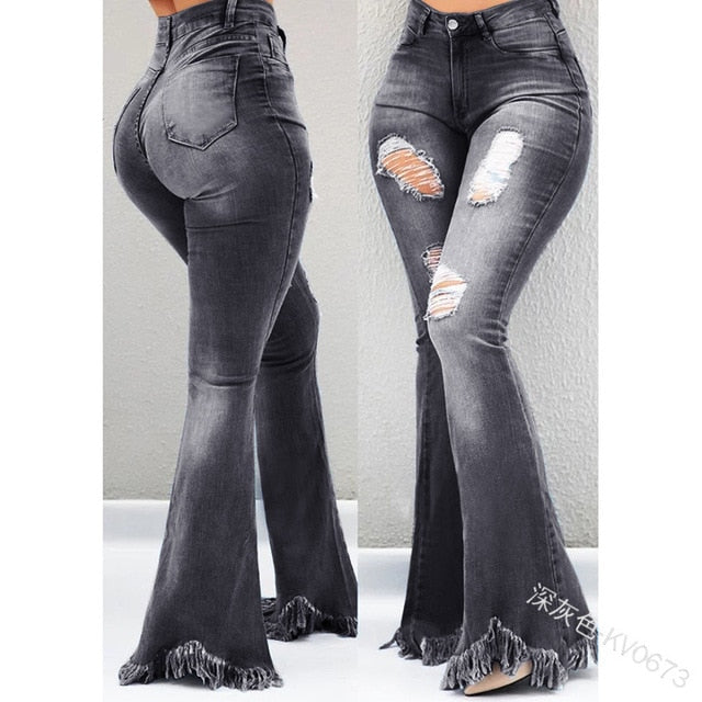 Bell Bottom Jeans Faded Denim High Waist Flare Pants Ripped Holes Dest ...