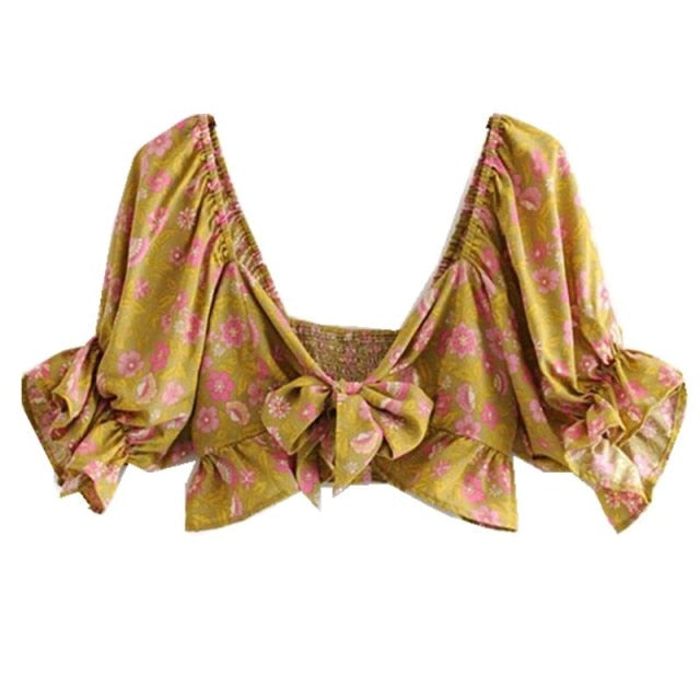 Dahlia Maxi Skirt Set Golden With Pink Flowers Tie Front