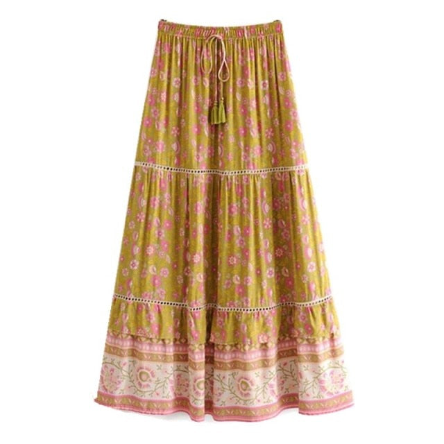 Dahlia Maxi Skirt Set Golden With Pink Flowers Tie Front