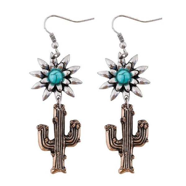 Turquoise Silver Gold Cactus Earrings
