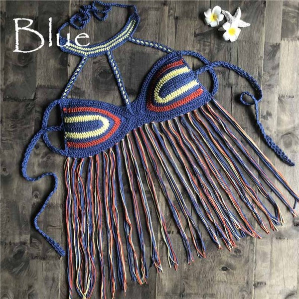 Blue Crochet Top With Fringe