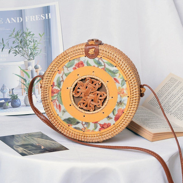 Round Straw Purse Floral