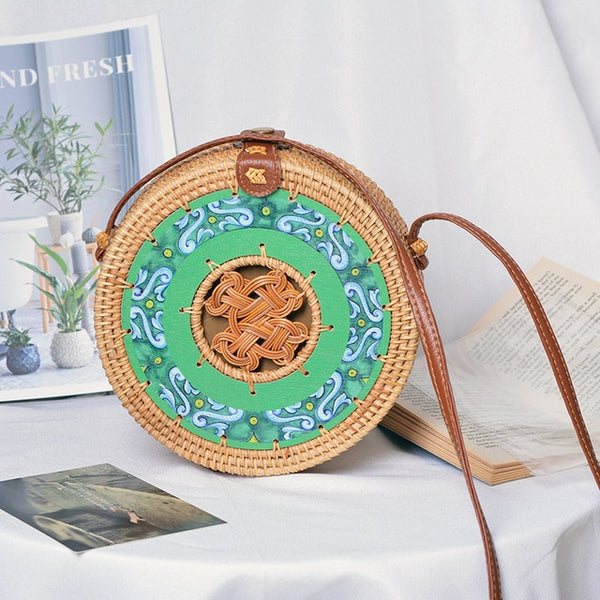 Round Straw Bag With Green