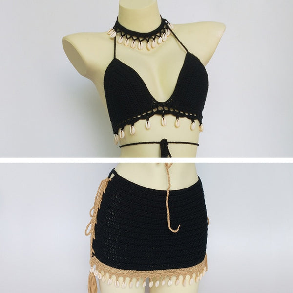 Black Crochet Skirt Set With Shells