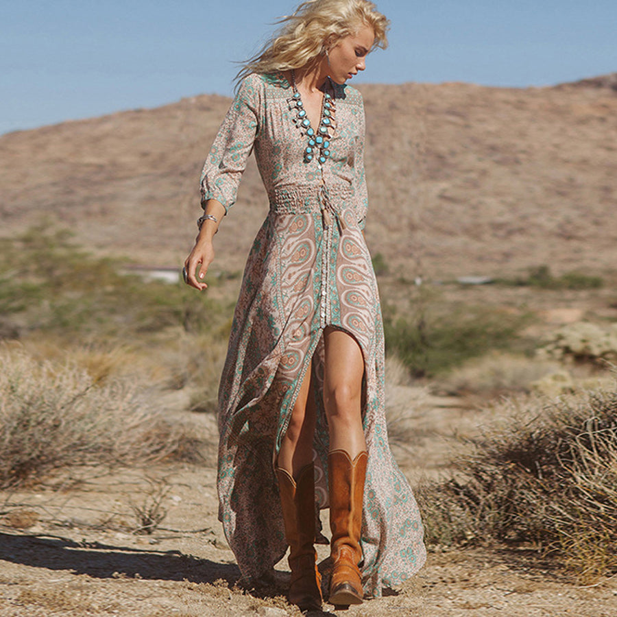 Boho Maxi Dress Floral Chiffon "Blossom" Thin Breezy Turquoise Tan Summer Gown 3/4 Peasant Sleeves Small Medium Large XL Or Plus Size 2X XXL Or 3X ... Boho Maxi Dress Floral Chiffon "Blossom" Thin Breezy Turquoise Tan Summer Gown 3/4 Peasant Sleeves Small Medium Large XL Or Plus Size 2X XXL Or 3X ...
