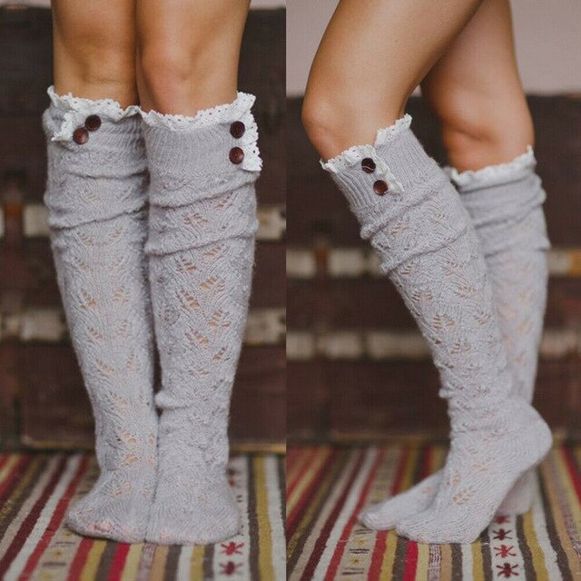 Gray Lace Buttons Socks