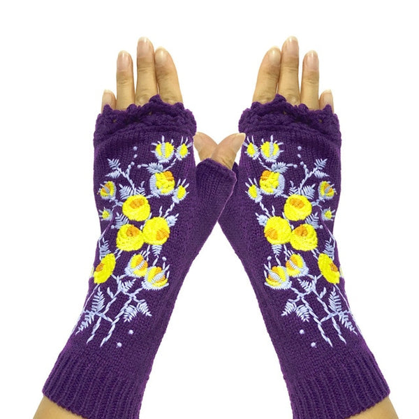 Fingerless Gloves With Embroidered Flowers Birds Or Hand Knitted Appliques 33 Different Colors! Three Different Styles Handmade Women's Warm Winter Embroidery Texting Gloves One Size