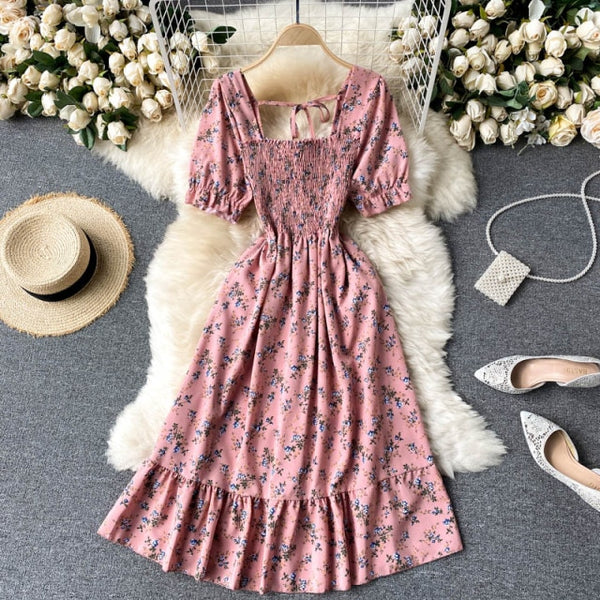 Puff Sleeve Midi Dress Bohemian Floral Print In 8 Different Colors You Choose Tiny Flowers Print Square Smocked Bust Ruffled Hem White Black Pink Blue Yellow Purple Green  Beige Red One Size