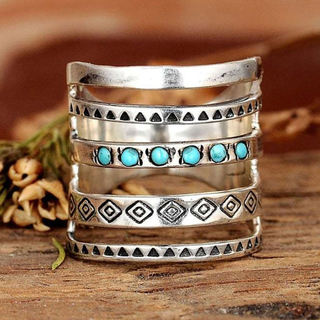 Boho Joint Ring Long Turquoise Silver Tribal Gypsy Finger Cuff Cage Ring Aztec Symbols Great For Stacking Rings Available In Sizes 6 7 8 9 Or 10