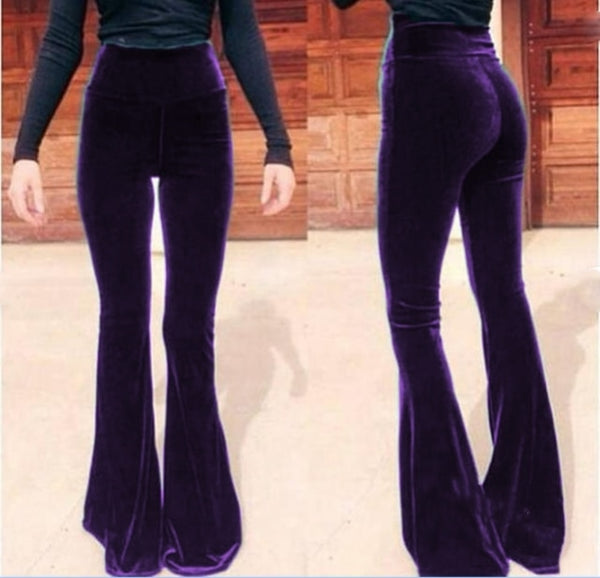 Bohemian Velvet Bell Bottoms 5 Different Colors High Waist Hippie Flare Pants Stretchy Tight Gipsy Bells Green Burgundy Black Emerald Or Purple Available In Small Medium Large XL Plus Sizes 2X Or 3X
