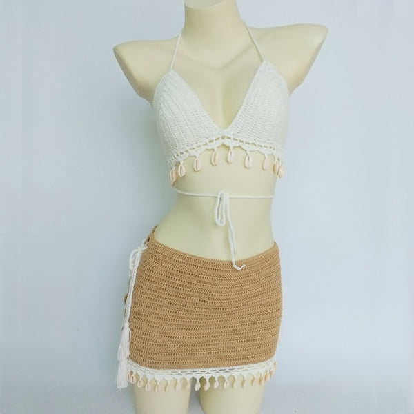 White & Tan 3 Piece Crochet Skirt Set