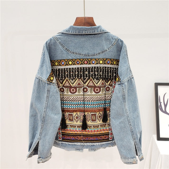 Gypsy Jean Jacket Embroidery Aztec Print Beaded Fringe Lace Tassels 4 Pockets Faded Denim Available In Sizes Small Medium Or Large
