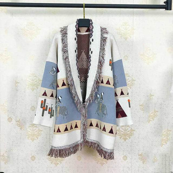 Wild Horses Cashmere Cardigan In 8 Different Colors You Choose Boho Sweater Coat Southwestern Print With Cactus Indians And Teepees Warm Wool Coat Available In Small Medium Or Large