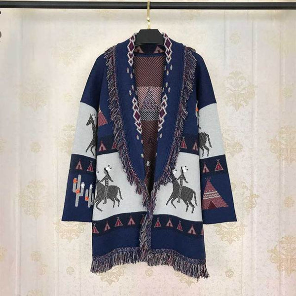 Wild Horses Cashmere Cardigan In 8 Different Colors You Choose Boho Sweater Coat Southwestern Print With Cactus Indians And Teepees Warm Wool Coat Available In Small Medium Or Large