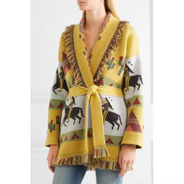 Wild Horses Cashmere Cardigan In 8 Different Colors You Choose Boho Sweater Coat Southwestern Print With Cactus Indians And Teepees Warm Wool Coat Available In Small Medium Or Large