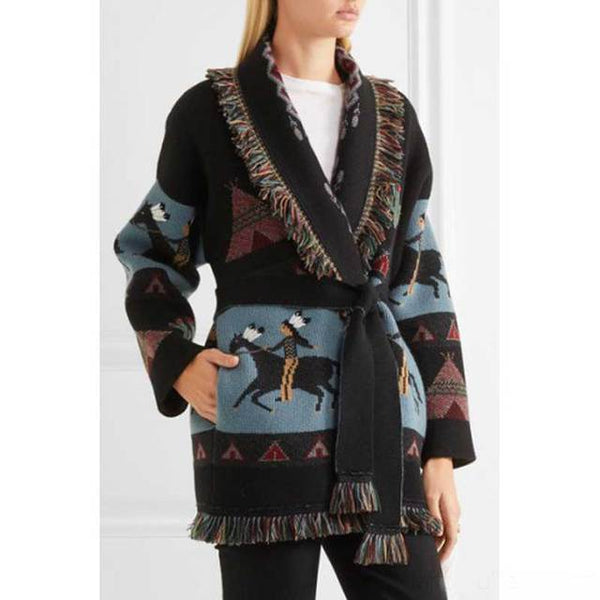 Wild Horses Cashmere Cardigan In 8 Different Colors You Choose Boho Sweater Coat Southwestern Print With Cactus Indians And Teepees Warm Wool Coat Available In Small Medium Or Large