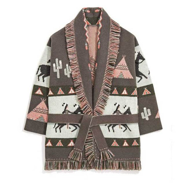 Wild Horses Cashmere Cardigan In 8 Different Colors You Choose Boho Sweater Coat Southwestern Print With Cactus Indians And Teepees Warm Wool Coat Available In Small Medium Or Large