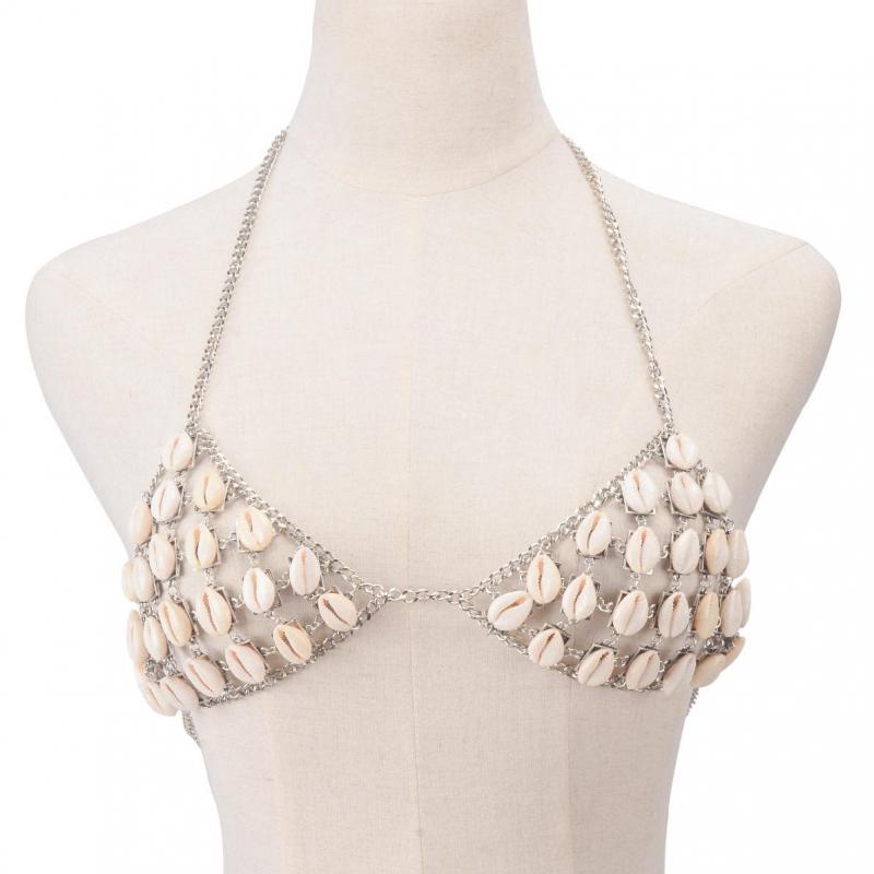 Shell Design Bra Cowrie Shell Bra Silver Chain Triangle Top With Natural Sea Shells Wea ...