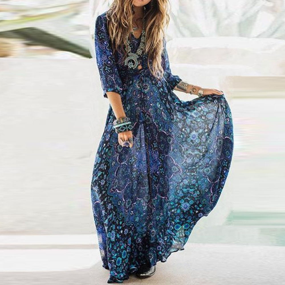 Boho Maxi Dress Navy Blue Floral "Kiss The Sky" Long Flowing Summer Gown Button Front Long Slit 3/4 Sleeves Royal Blue Turquoise Lavender Print Small ... Boho Maxi Dress Navy Blue Floral "Kiss The Sky" Long Flowing Summer Gown Button Front Long Slit 3/4 Sleeves Royal Blue Turquoise Lavender Print Small ...