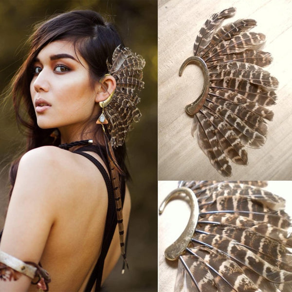 Feather Ear Cuff Tribal Headdress Alternative Fun Boho Festival Accessory Unique Bohemian Goddess Must Have Genuine Feathers Available In Black White Or Natural Brown