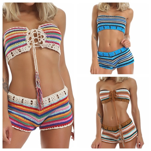 Spice Road Crochet Shorts Set Lace Up Tube Top Multi Striped Bikini Festival Outfit Spice Color Or Choose Blue Or Rainbow One Size