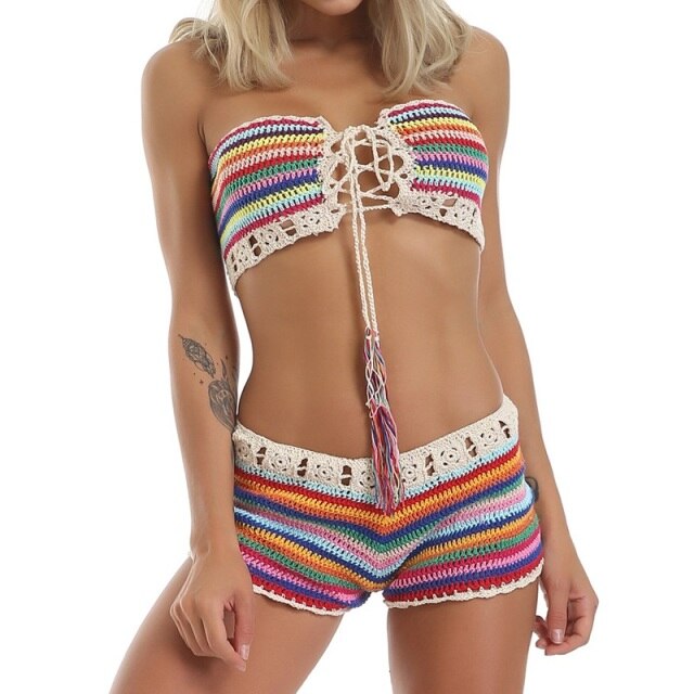 Spice Road Crochet Shorts Set Lace Up Tube Top Multi Striped Bikini Festival Outfit Spice Color Or Choose Blue Or Rainbow One Size