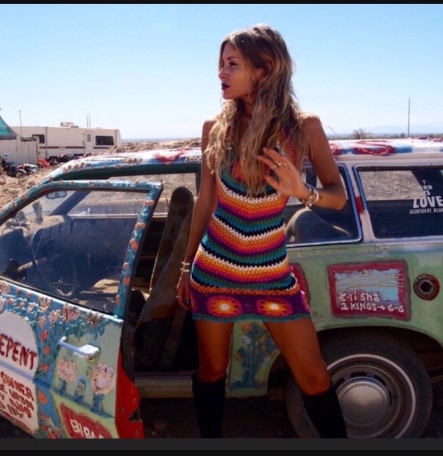 Rat & Boa Rainbow Crochet Dress "Inferno" Granny Square Hem Halter Top Festival Goddess Sizes Small Medium Or Large Rat & Boa Rainbow Crochet Dress "Inferno" Granny Square Hem Halter Top Festival Goddess Sizes Small Medium Or Large