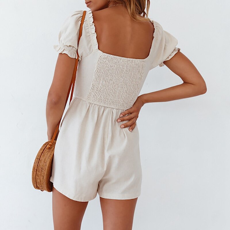 Peasant Top Romper White Short Puff Sleeves Smocked Waist Shorts