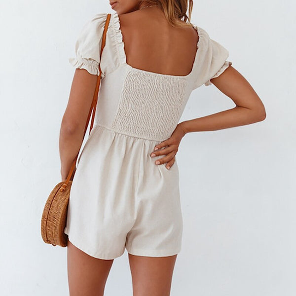 Peasant Top Romper White Short Puff Sleeves Smocked Waist Shorts Jumpsuit Bohemian Gypsy Playsuit Boho Summer Beach Small Medium Large Or Extra Large