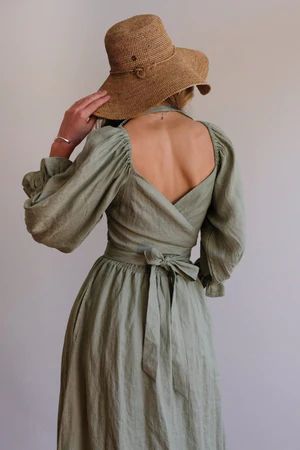 Long Puff Sleeves Maxi Dress Sage Green Wear Forwards Or Backwards Off Shoulders Or On Smocked Front Open Back Sash Waist Pockets Sizes Small Medium Large XL And Plus Size XXL 2X