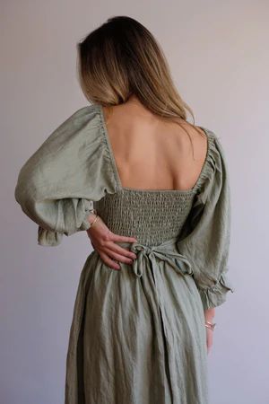 Long Puff Sleeves Maxi Dress Sage Green Wear Forwards Or Backwards Off Shoulders Or On Smocked Front Open Back Sash Waist Pockets Sizes Small Medium Large XL And Plus Size XXL 2X