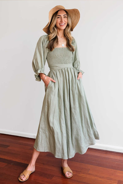 Long Puff Sleeves Maxi Dress Sage Green Wear Forwards Or Backwards Off Shoulders Or On Smocked Front Open Back Sash Waist Pockets Sizes Small Medium Large XL And Plus Size XXL 2X