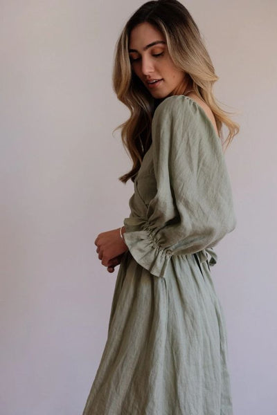 Long Puff Sleeves Maxi Dress Sage Green Wear Forwards Or Backwards Off Shoulders Or On Smocked Front Open Back Sash Waist Pockets Sizes Small Medium Large XL And Plus Size XXL 2X