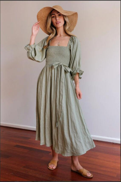 Long Puff Sleeves Maxi Dress Sage Green Wear Forwards Or Backwards Off Shoulders Or On Smocked Front Open Back Sash Waist Pockets Sizes Small Medium Large XL And Plus Size XXL 2X