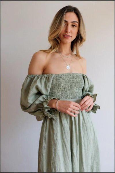 Long Puff Sleeves Maxi Dress Sage Green Wear Forwards Or Backwards Off Shoulders Or On Smocked Front Open Back Sash Waist Pockets Sizes Small Medium Large XL And Plus Size XXL 2X